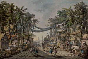 Scène de marché dans un port oriental imaginaire